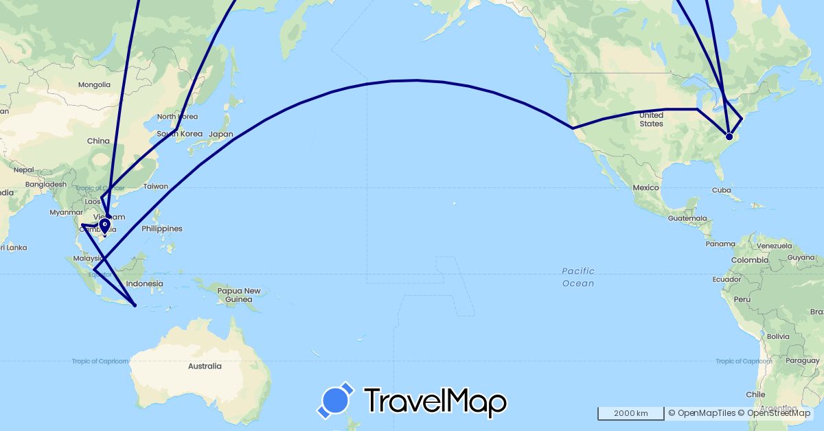 TravelMap itinerary: driving in Canada, Indonesia, Cambodia, South Korea, Singapore, Thailand, United States, Vietnam (Asia, North America)